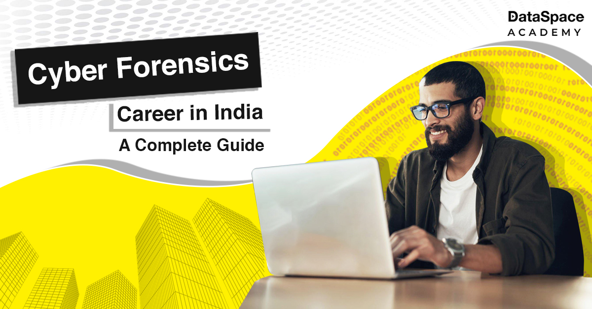 A white background with shades of yellow on the lower end of the image. A 30-something South-Asian male with glasses and smile on his face sitting before his laptop. The text on the image reads Cyber forensics career in India: A complete guide